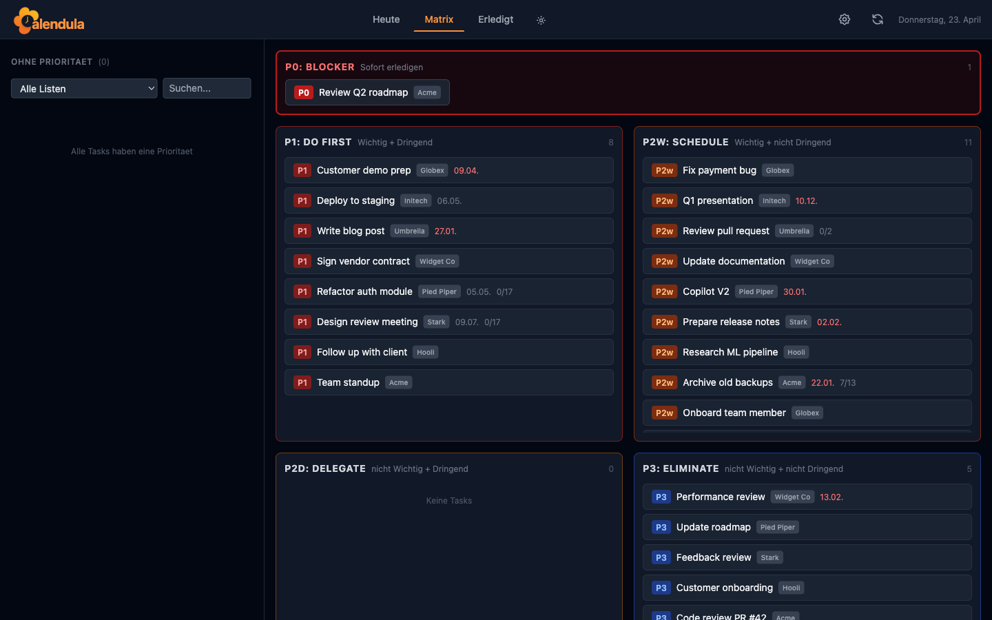 Screenshot der Eisenhower-Matrix-Ansicht in Calendula. Vier Quadranten zeigen Tasks nach Wichtigkeit und Dringlichkeit sortiert, mit farbcodierten Prioritäts-Markern.