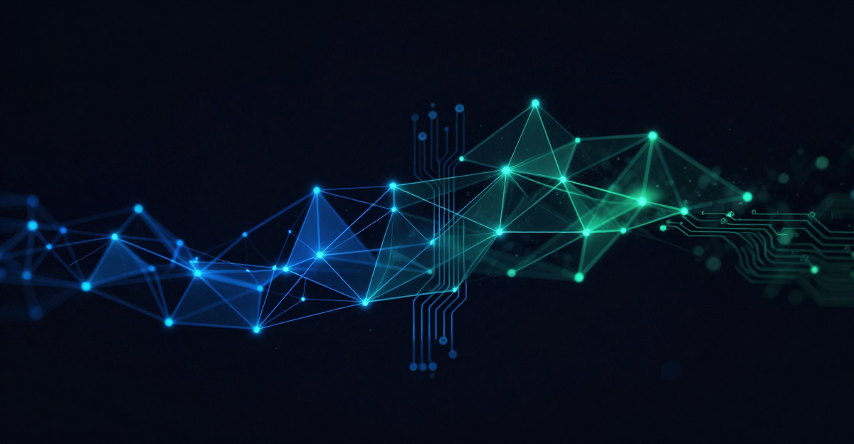 Abstraktes Netzwerk aus leuchtenden Nodes in Blau und Gruen — KI-Benchmark Visualisierung