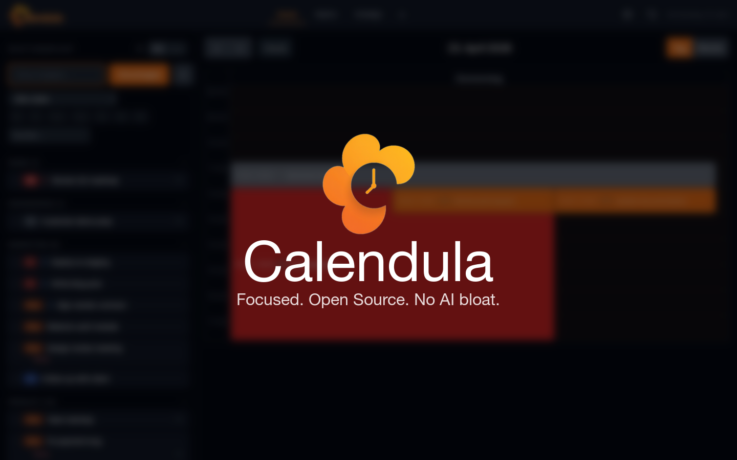Calendula-Logo mit der Tagline Focused. Open Source. No AI bloat. — vor unscharfem Screenshot der Anwendung im Hintergrund