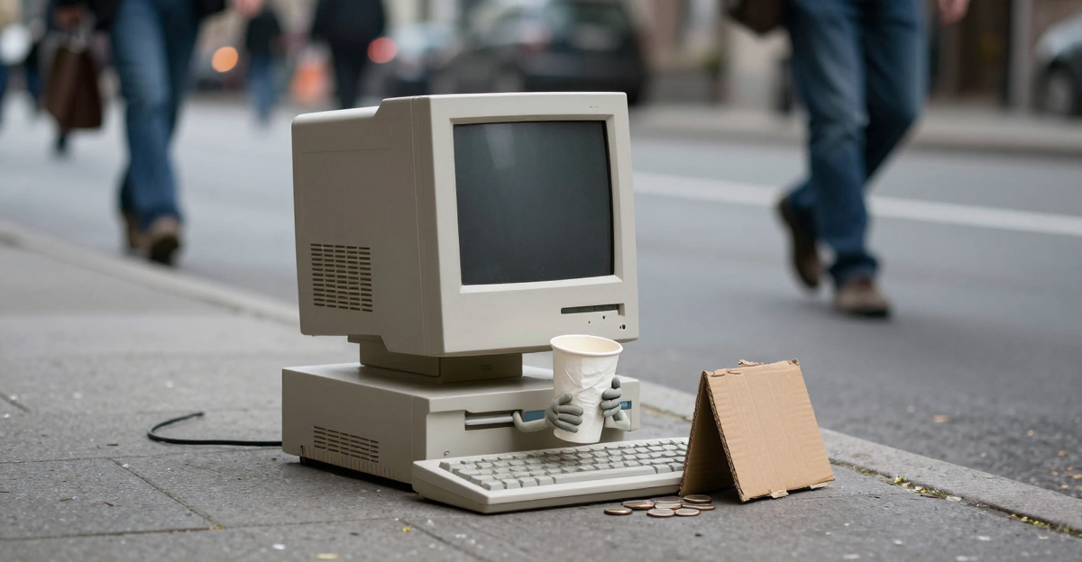 Alter Desktop-PC bettelt mit Pappbecher am Strassenrand — Metapher fuer das billigste KI-Modell