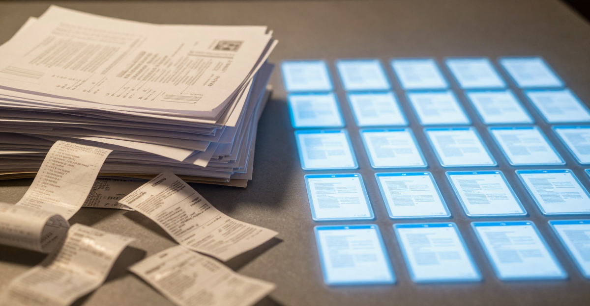 Papierstapel neben leuchtenden digitalen Dokumentenkarten — Transformation von analog zu digital