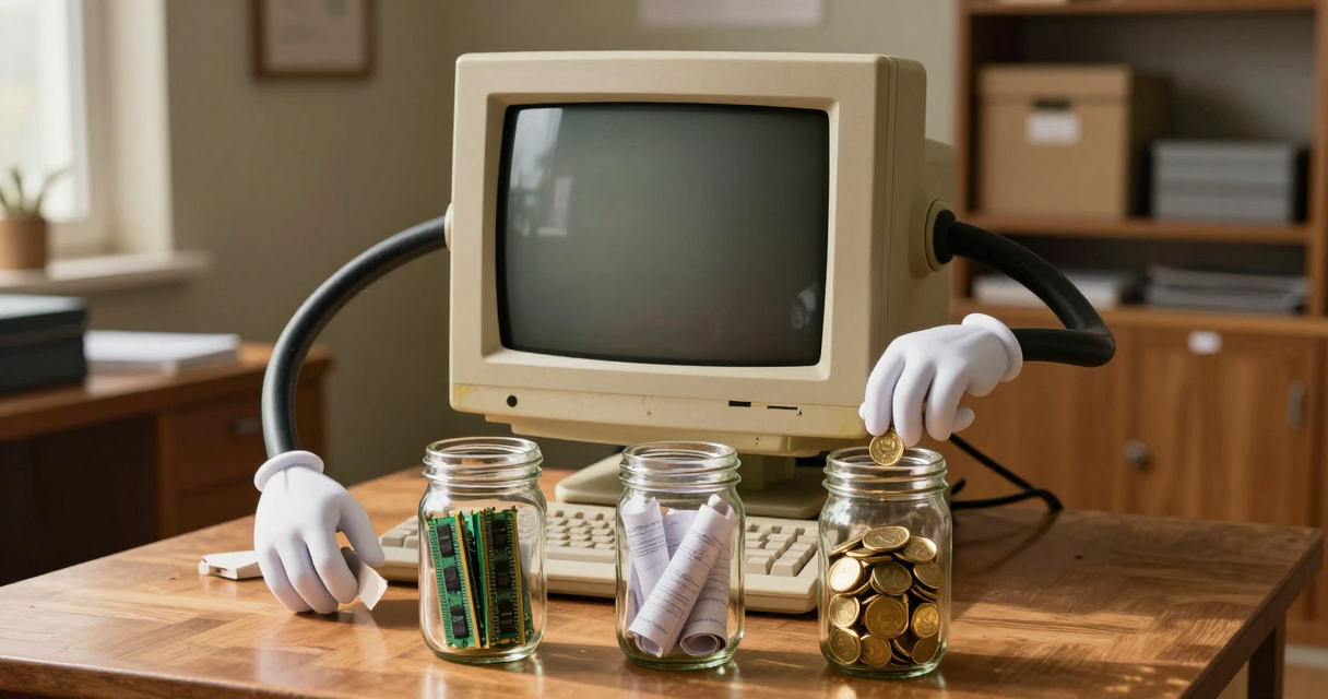 Ein Vintage-Computer grübelt vor einer Denkblase, während ein zweiter dieselbe Aufgabe längst nach einer klaren Anleitung abarbeitet.