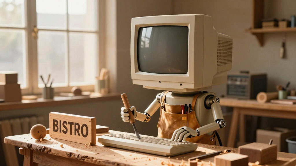 Vintage beige 1990s-Computer als freundlicher Schreiner an einer Werkbank, schnitzt ein hölzernes Bistro-Schild — warmes Werkstatt-Licht