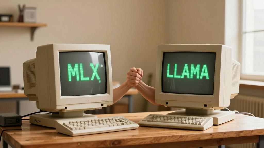 Zwei Vintage-Beige-Computer mit CRT-Monitoren beim Armdrücken auf einer Holz-Werkbank — links 'MLX' in grüner Terminal-Schrift, rechts 'LLAMA', warmes Workshop-Licht