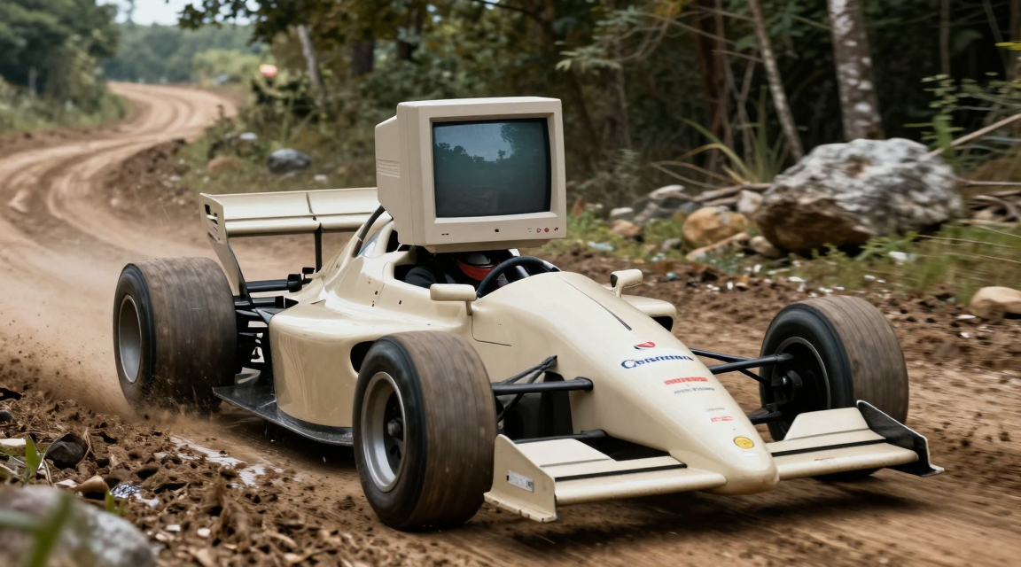 Vintage beige 1990s-Computer als Formel-1-Fahrer auf einer schlammigen Offroad-Rallye-Piste — CRT-Monitor als Fahrerkopf im Cockpit