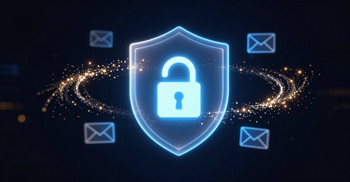 Leuchtendes Schild-Symbol mit Schloss umgeben von E-Mail-Icons