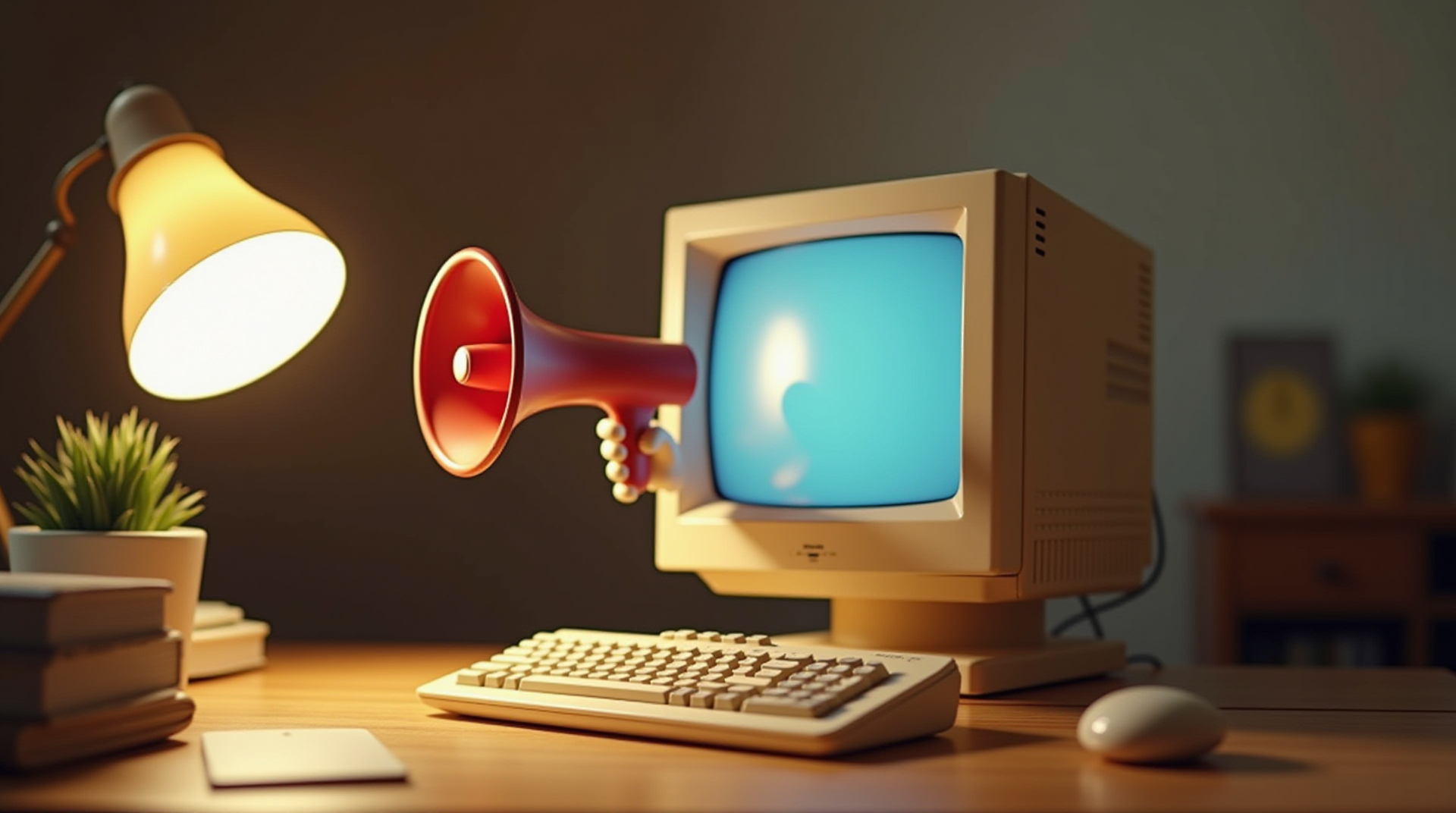 Alter Desktop-PC mit Megaphon auf einer Bühne — Metapher für Sprachsynthese