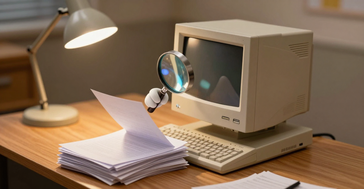 Alter Desktop-PC mit Lupe inspiziert einen Papierstapel — Metapher fuer KI-Dokumentenanalyse