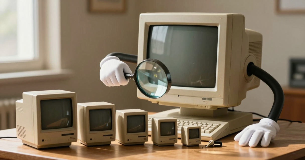 Ein großer Vintage-Computer betrachtet mit einer Lupe eine absteigende Reihe immer kleinerer Rechner — Sinnbild für den systematischen Abstieg der Modellgrößen.
